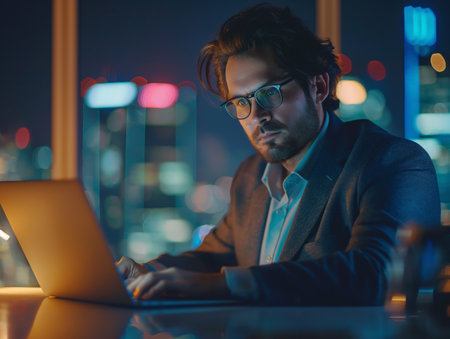 A focused man in glasses works on a laptop with a blurred city backdrop, conveying dedication and modern business.の素材