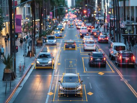Busy city street at dusk with overlay graphics illustrating autonomous car technology and driver assistance systems.の素材