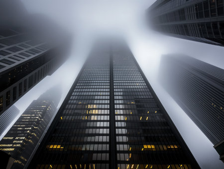 Skyscrapers reach into thick fog, with lights glowing softly in the obscured cityscape.の素材