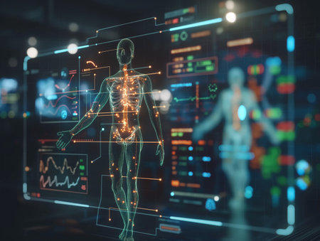 High-tech digital interface presenting a human anatomy model with glowing data points and graphs.の素材