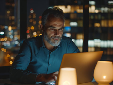 Confident mature businessman working on laptop with city skyline in background at night.の素材