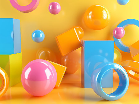 Vibrant assortment of geometric objects in playful arrangement against a sunny backdrop, concept of creativity and fun.の素材