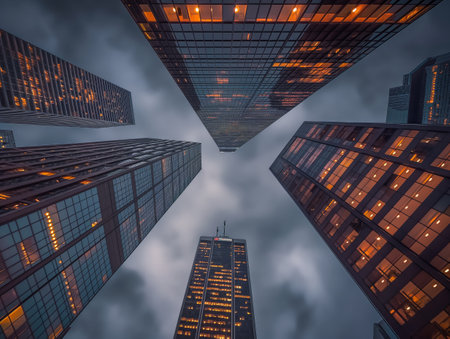 A dramatic low-angle view of towering skyscrapers glowing with interior lights against a dusk sky, creating a sense of aspiration and urban grandeur.の素材