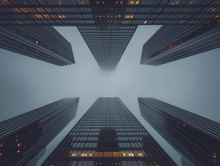 Low angle view of towering skyscrapers converging into a foggy sky, creating a visual urban canyon.の素材
