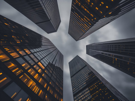 Skyscrapers soaring into a cloudy sky with illuminated windows, exuding a sense of corporate dominance.の素材