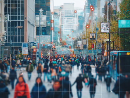 Crowd of people in urban environment with digital overlay symbolizing data analyticsの素材