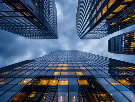 A dramatic upward perspective of towering skyscrapers against a moody sky with illuminated windows, capturing the essence of urban architecture.の素材