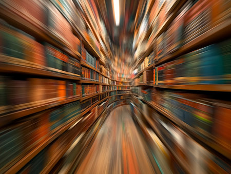 Blur motion effect creating an illusion of fast-moving books on library shelves.の素材