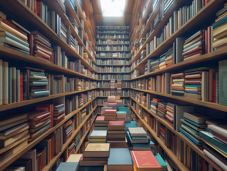 A perspective view of a long, high library aisle lined with numerous colorful books on wooden shelves.の素材