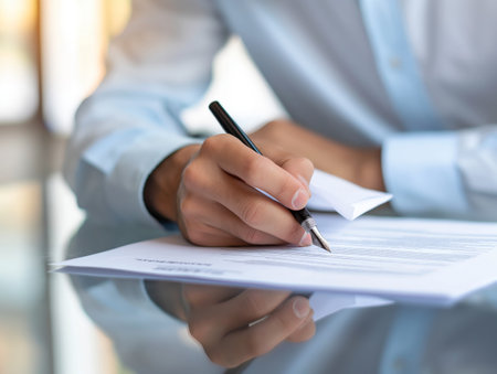 A close-up of a mans hand signing a document, reflecting the concept of business agreements.の素材