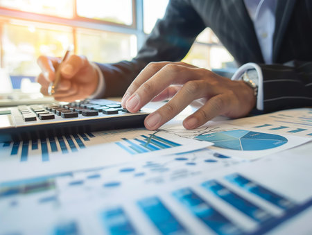 Close-up of a business professional working with financial charts and calculator.の素材