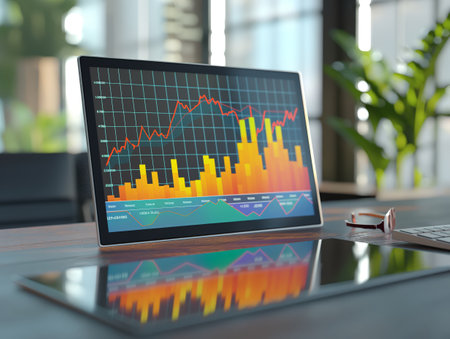 Tablet with stock market charts reflecting on an office desk.の素材