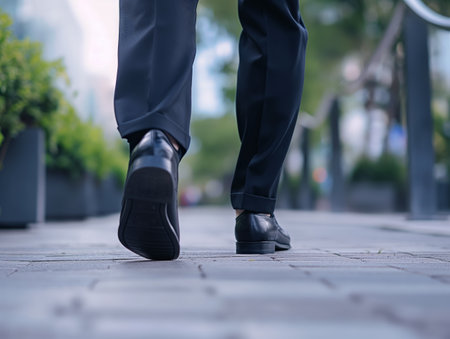 Close-up of a businessmans feet walking on city sidewalk, focus on success and determination.の素材
