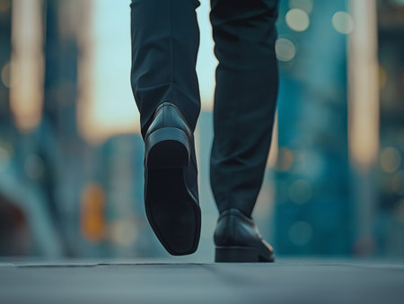 Close-up of a businessmans feet walking on city street with blurred background.の素材