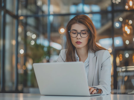 An engaged professional woman works intently on her laptop in a contemporary, well-lit office space.の素材