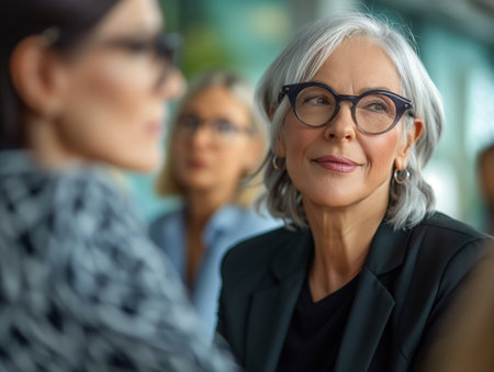 Confident mature executive woman with glasses engaged in a meeting, colleagues in the background.の素材