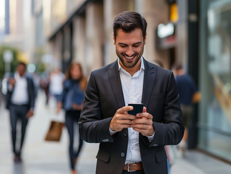 Cheerful man in business attire texting on mobile phone, urban lifestyle concept.の素材