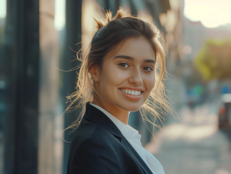 A smiling professional young woman outside enjoying a bright day with an approachable expression and a city street in the backgroundの素材