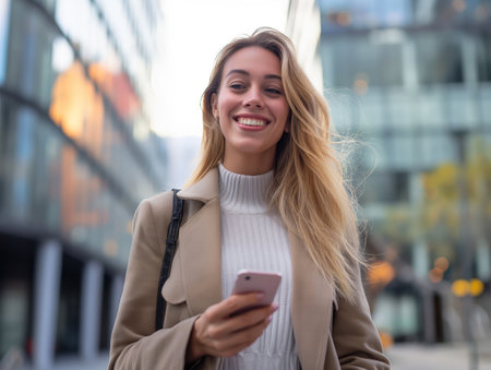 A cheerful young woman with a smartphone on a city street at golden hour.の素材