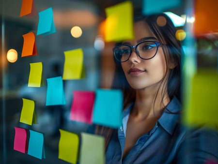 Woman contemplating colorful sticky notes on a glass wall, conceptualizing organization and ideas.の素材