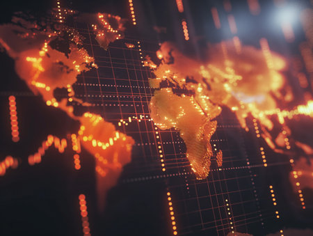 Abstract image showing a stylized map of the world with glowing connections, symbolizing global communication and data exchange.の素材