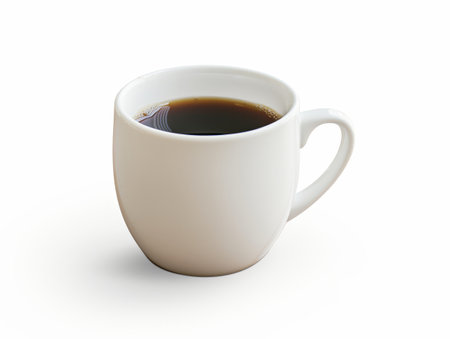 A white coffee cup filled with black coffee on a clean white background, embodying a minimalist design.の素材