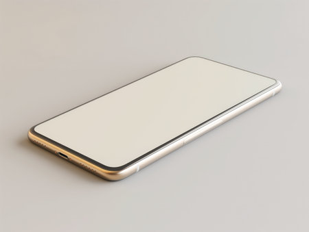 Sleek modern smartphone with a blank screen for mockup placed on a light grey surface.の素材