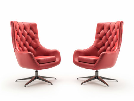 A pair of modern red leather armchairs with a quilted design, isolated on a white background.の素材