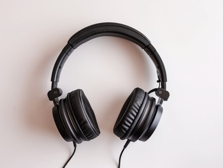A pair of black over-ear headphones with a wired connection displayed against a light, neutral background. symbolizing music, audio technology, and sound isolation.の素材