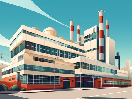 Illustration of a contemporary industrial building with smokestacks against a clear blue skyの素材