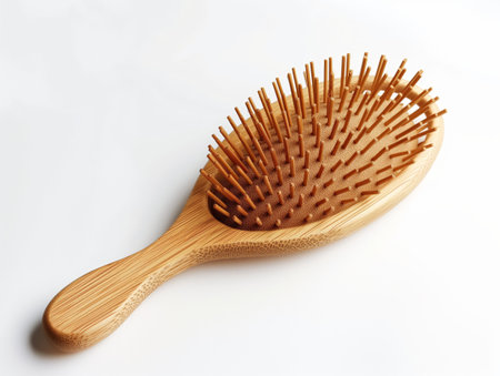 A minimalist shot of an eco-friendly bamboo hairbrush placed diagonally on a white surface.の素材