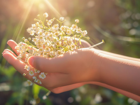 Hand holding delicate white flowers against a sunlit background, conveying a sense of care and connection with nature.の素材