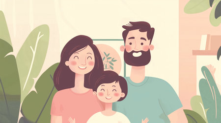 An illustrated image displaying a smiling family of three surrounded by indoor plants, exuding warmth and togetherness.の素材