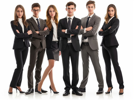A group of five young professionals in business attire, confidently posing with crossed arms.の素材