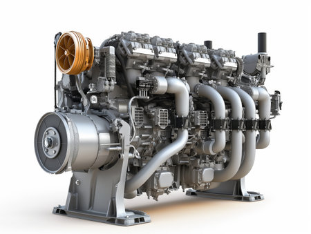 A detailed view of a large industrial diesel engine isolated on a white background, highlighting technological complexity and engineering.の素材