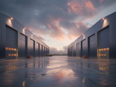 Modern warehouse complex with reflective wet floor under a dramatic sunset sky, symbolizing logistics and commerce.の素材