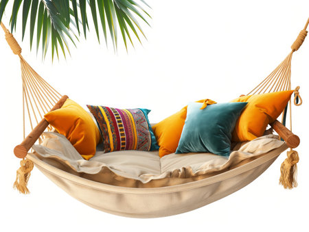 A hammock with colorful cushions, hanging from palm leaves, isolated on white.の素材