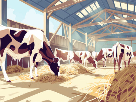 Illustrated dairy cows peacefully grazing inside a spacious, sunlit barn, symbolizing sustainable farming and animal welfare.の素材