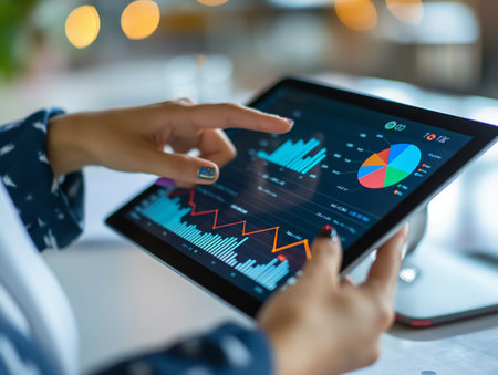 A persons hands interact with a financial analytics display on a tablet screen amid a blurred office backdropの素材