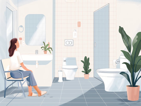 An illustrated scene showing a woman sitting contemplatively in a chair within a spacious, well-lit bathroom with modern amenities and green plants.の素材