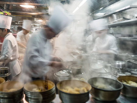Chefs in motion blur preparing food in a busy restaurant kitchen, capturing the intensity and pace.の素材