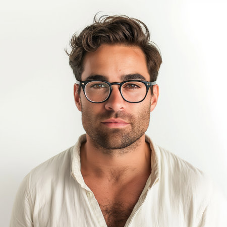 Close-up of a stylish young man with glasses and a neutral expression, white background.の素材