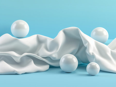 White spheres resting on undulating white silk fabric with pastel blue backdrop, embodying elegance and simplicity.の素材