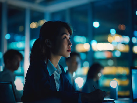 Portrait of a thoughtful young woman working in a dark office with a soft desk lamp, reflecting city lights in the background.の素材
