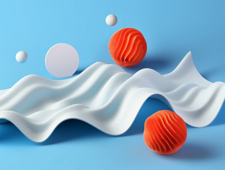 Abstract composition with white fluid shapes and contrasting orange textured spheres on blue backdrop, suggesting modernity and dynamism.の素材