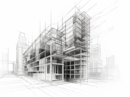 Black and white conceptual sketch of a modern architectural cityscape with detailed measurements.の素材