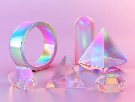 A collection of iridescent geometric shapes gracefully arranged on a soft pink surface.の素材