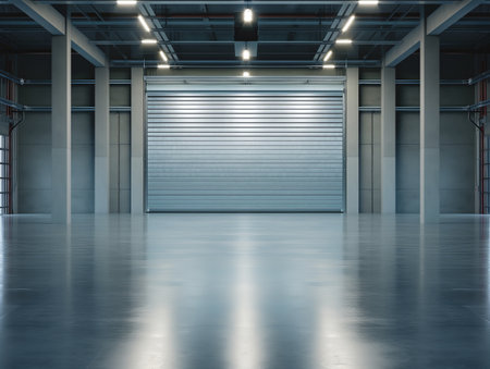 Spacious and clean warehouse interior with closed metal roller shutter door and reflective floor.の素材