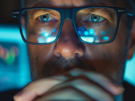 Close-up of a mans intense eyes behind glasses illuminated by blue screen light, reflecting technology use or cyber work.の素材