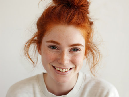 Close-up of a smiling young woman with red hair and freckles, embodying warmth and happiness.の素材